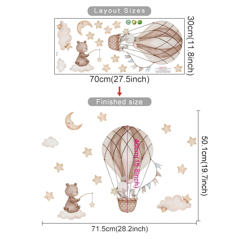 Wall decal set with hot air balloon, bear, and stars, showing layout sizes on a white background.