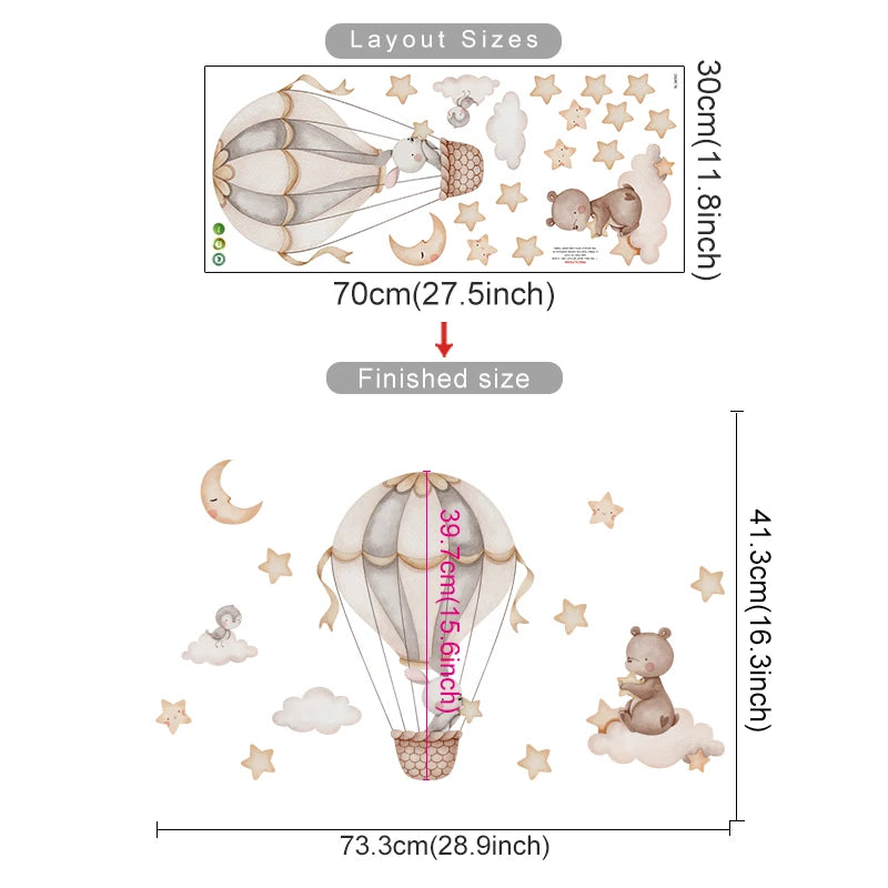 Measurement chart for wall stickers with hot air balloon, bear, and stars on a white background.