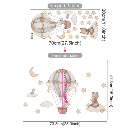 Measurement chart for wall stickers with hot air balloon, bear, and stars on a white background.