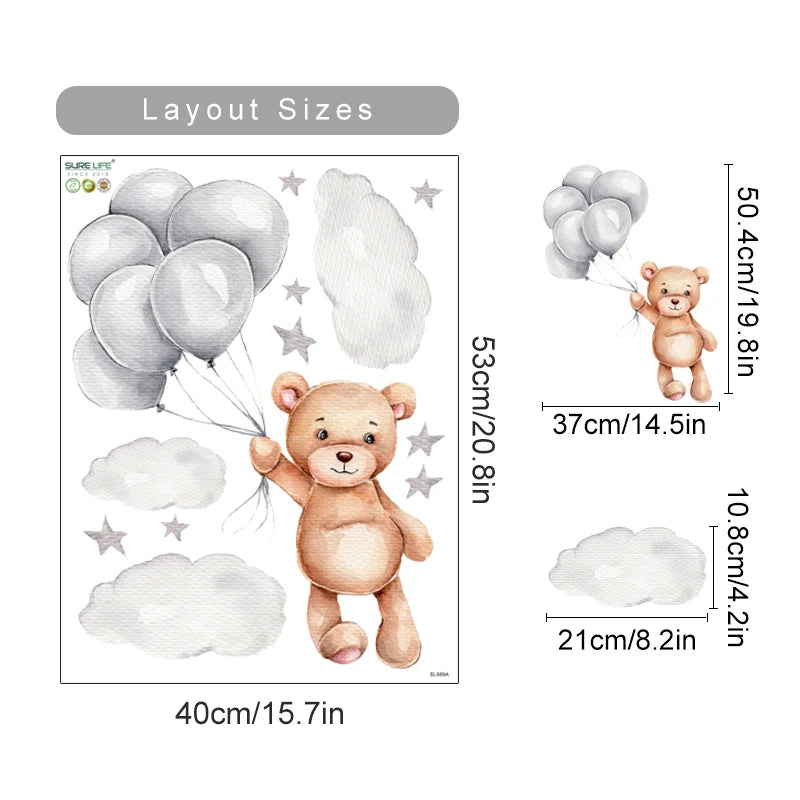 Wall decal of a teddy bear with balloons and clouds, showing layout sizes.
