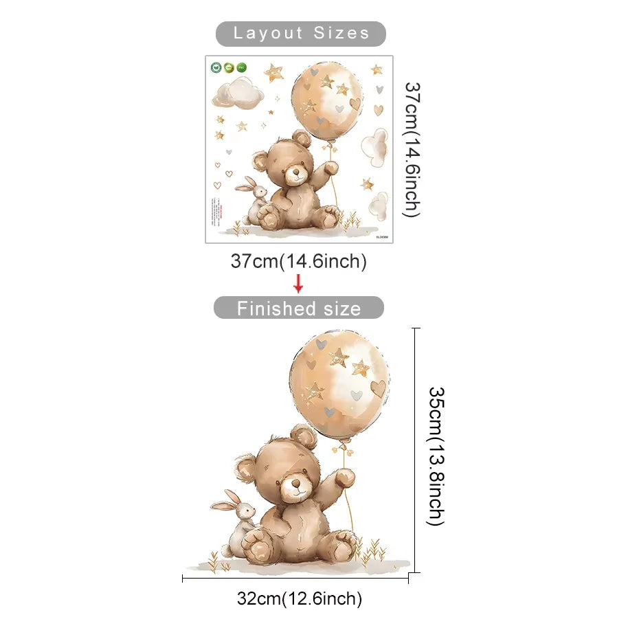 Measurement chart of a teddy bear with a balloon and rabbit, showing dimensions on a white background.