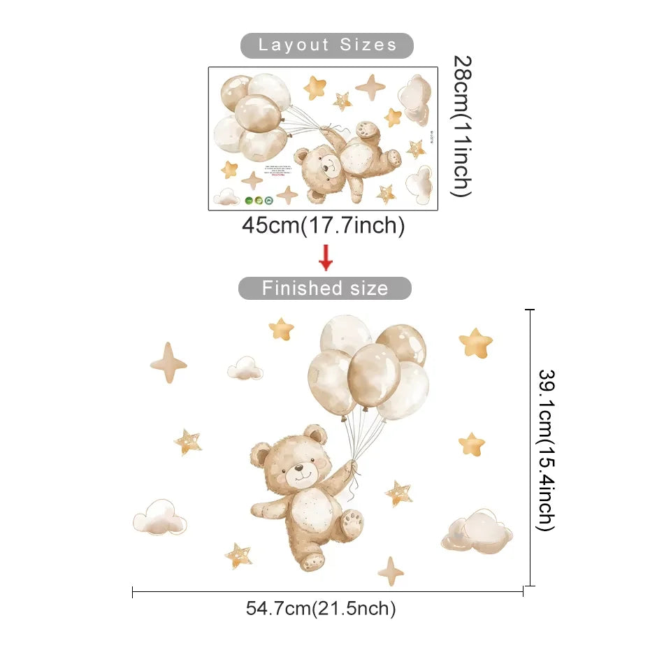 Wall decal of a teddy bear holding balloons with measurements on a white background
