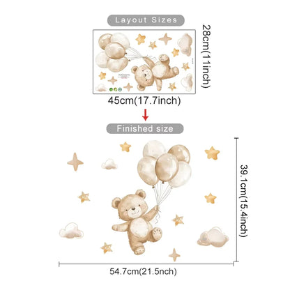Wall decal of a teddy bear holding balloons with measurements on a white background