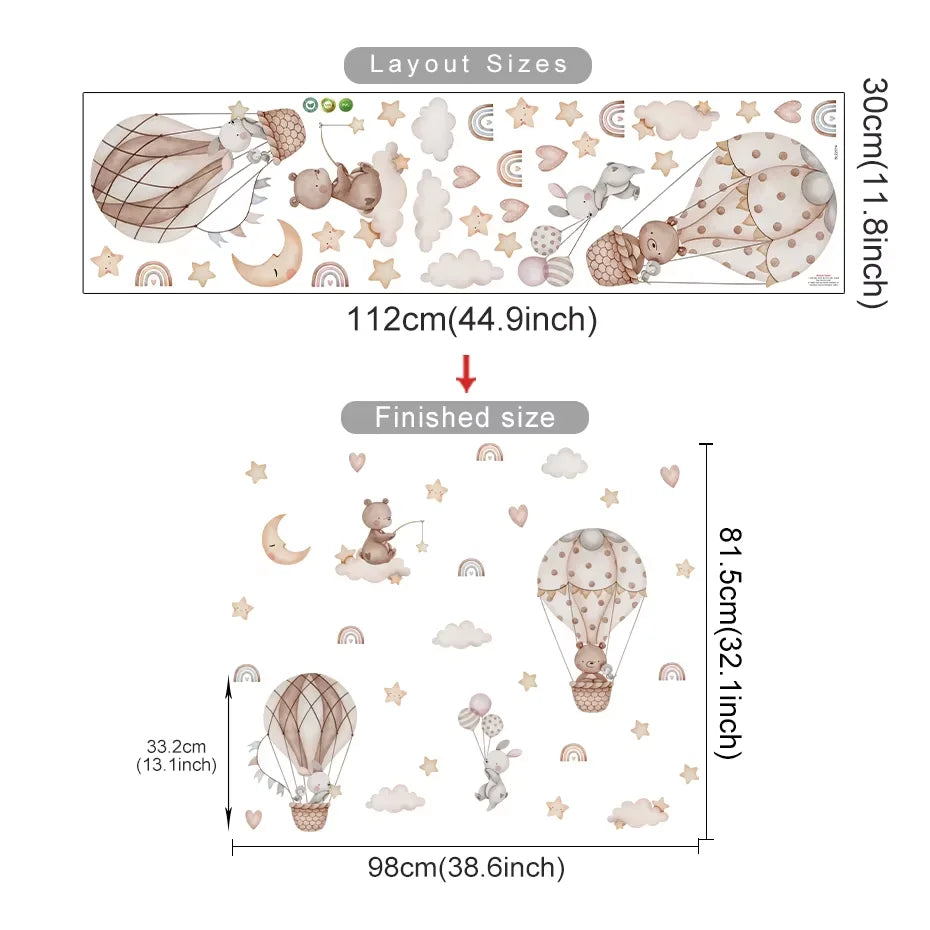 Measurement chart for wall decals with hot air balloons, bears, and stars.