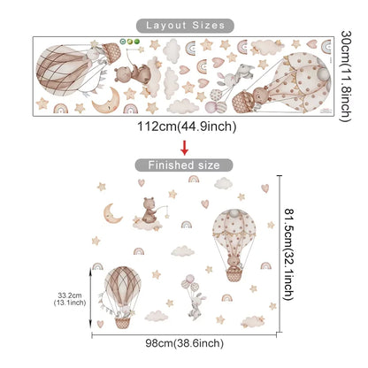 Measurement chart for wall decals with hot air balloons, bears, and stars.