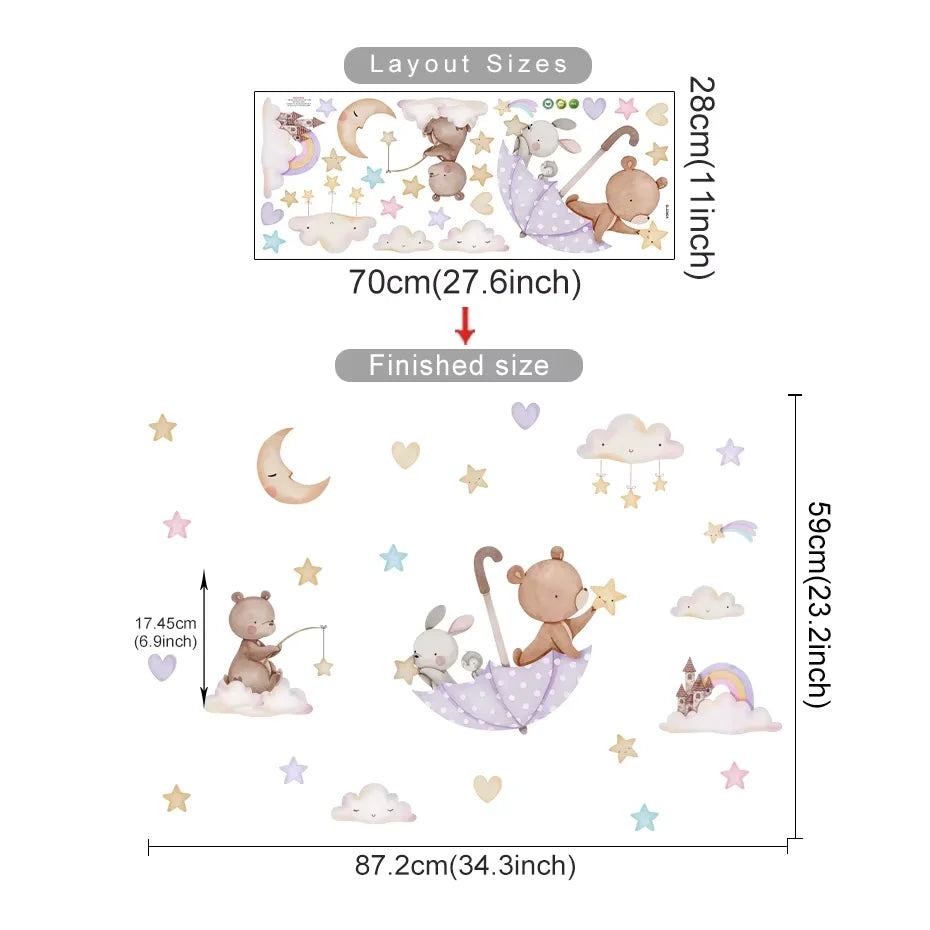 Wall decal set with teddy bears, rabbits, and stars with layout and finished size measurements.