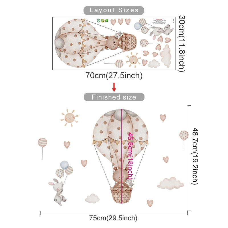 Measurement chart of a hot air balloon wall decal with dimensions and layout sizes.