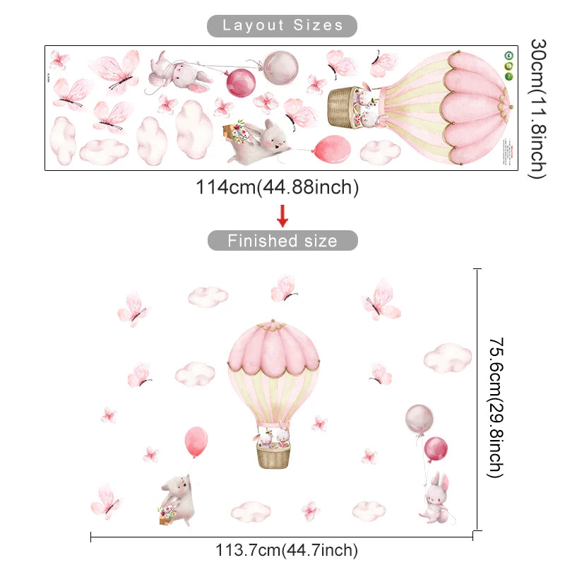Measurement chart of a decorative wall sticker with pink balloons and bunnies, showing finished size and dimensions.