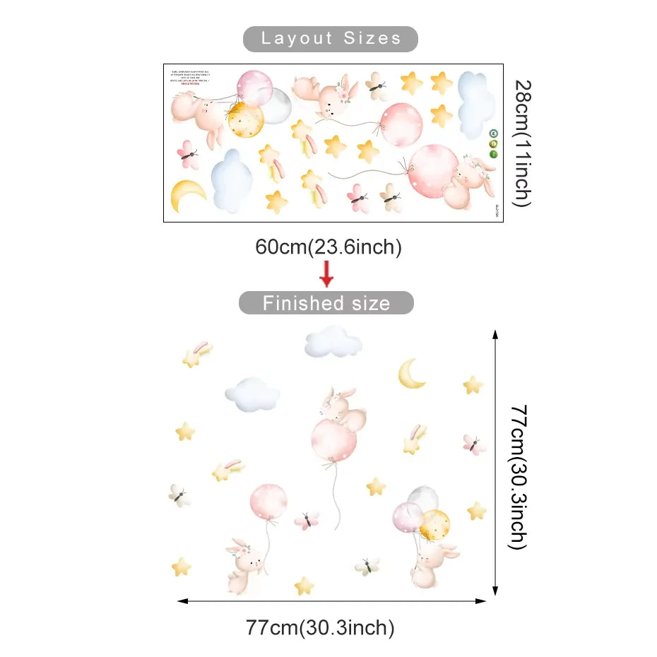 Wall decal with cartoon rabbits and balloons, showing layout and finished size dimensions.