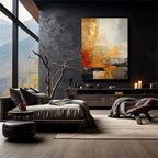 Modern bedroom with abstract painting on the wall, large windows, and decorative elements.