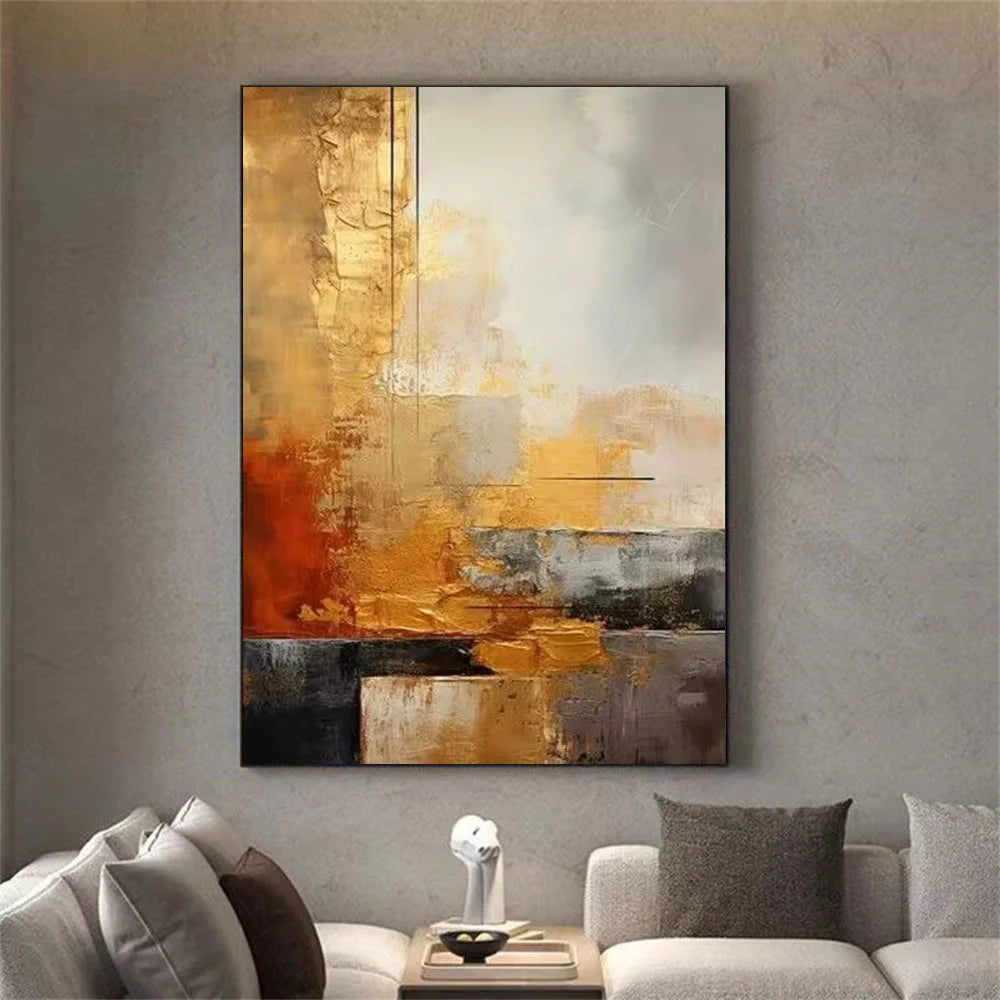 Abstract art painting in a living room setting with a sofa and coffee table.