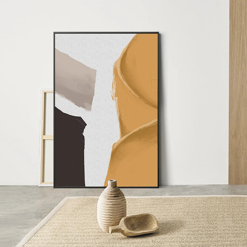 Vibrant Abstract Geometric Wall Art Fine Art Canvas Print - Mustard Yellow, Beige, White, Black - Minimalist Modern Wall Art for Contemporary Interiors