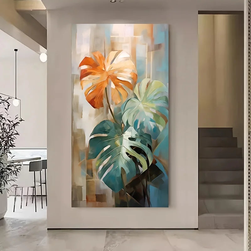 Tropical leaf painting on a wall in a modern interior setting