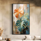 Abstract painting of tropical leaves in a living room setting