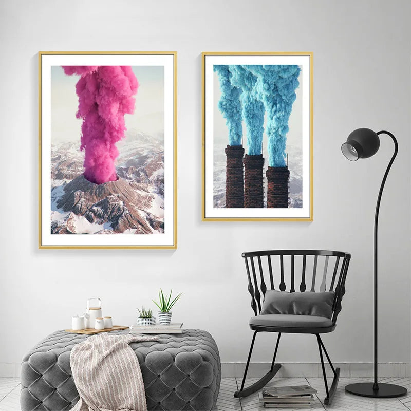 Vibrant Landscapes Wall Art Fine Art Canvas Prints - Volcanic Mountain with Pink Smoke & Industrial Chimneys with Blue Emissions Be Inspired By Stunning Contrasts in Nature and Industry