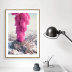 Vibrant Landscapes Wall Art Fine Art Canvas Prints - Volcanic Mountain with Pink Smoke & Industrial Chimneys with Blue Emissions Be Inspired By Stunning Contrasts in Nature and Industry