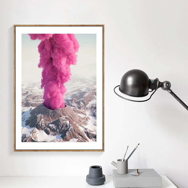 Vibrant Landscapes Wall Art Fine Art Canvas Prints - Volcanic Mountain with Pink Smoke & Industrial Chimneys with Blue Emissions Be Inspired By Stunning Contrasts in Nature and Industry