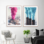 Vibrant Landscapes Wall Art Fine Art Canvas Prints - Volcanic Mountain with Pink Smoke & Industrial Chimneys with Blue Emissions Be Inspired By Stunning Contrasts in Nature and Industry