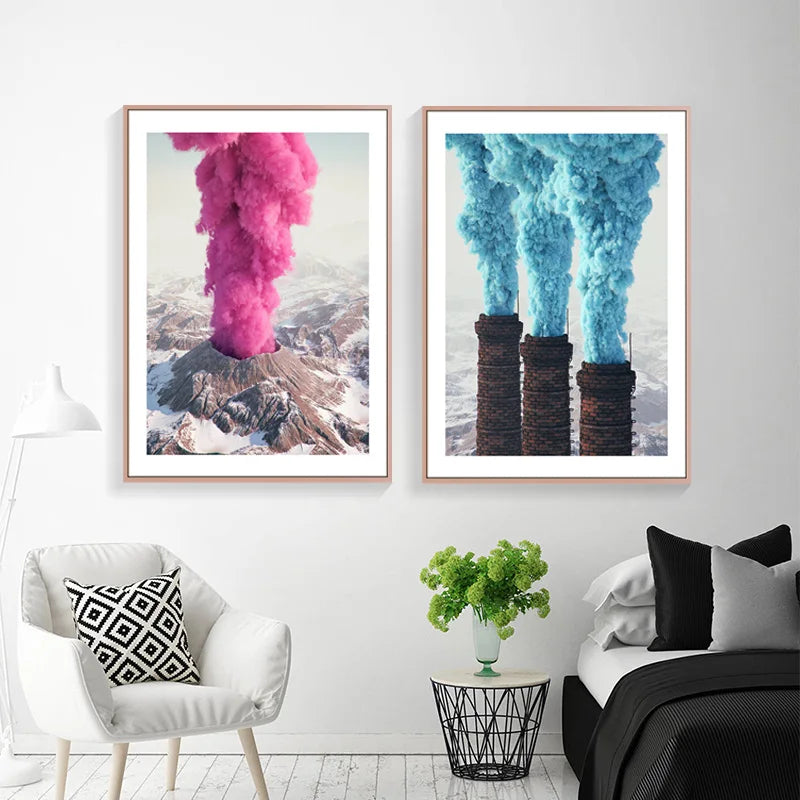 Vibrant Landscapes Wall Art Fine Art Canvas Prints - Volcanic Mountain with Pink Smoke & Industrial Chimneys with Blue Emissions Be Inspired By Stunning Contrasts in Nature and Industry