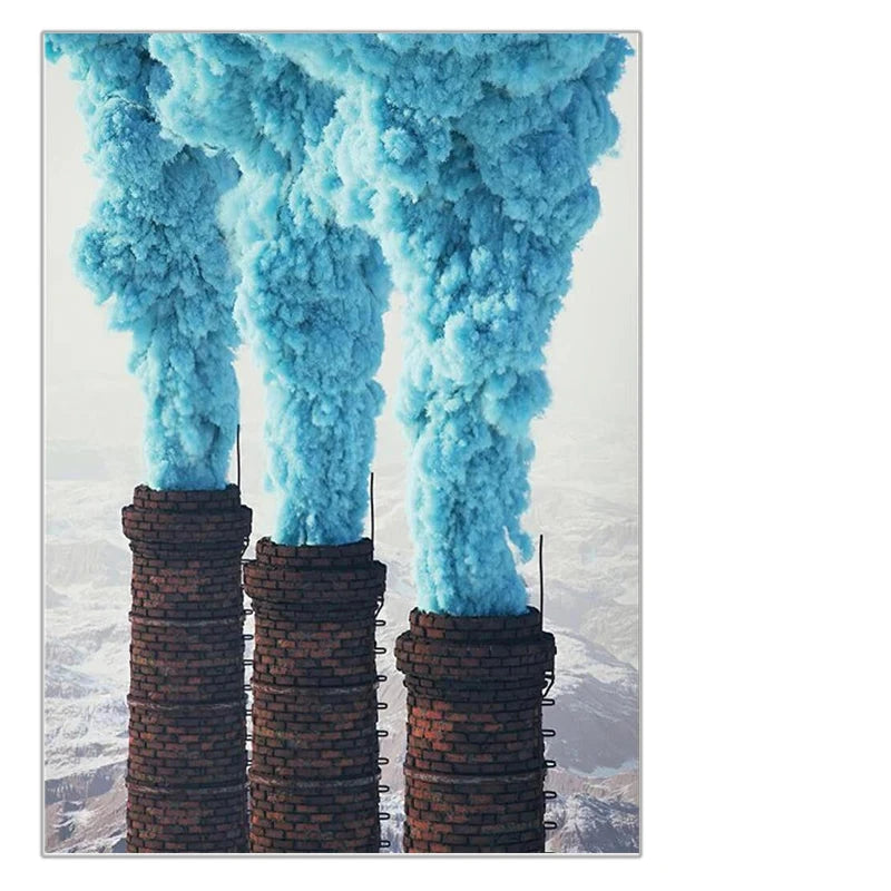Vibrant Landscapes Wall Art Fine Art Canvas Prints - Volcanic Mountain with Pink Smoke & Industrial Chimneys with Blue Emissions Be Inspired By Stunning Contrasts in Nature and Industry