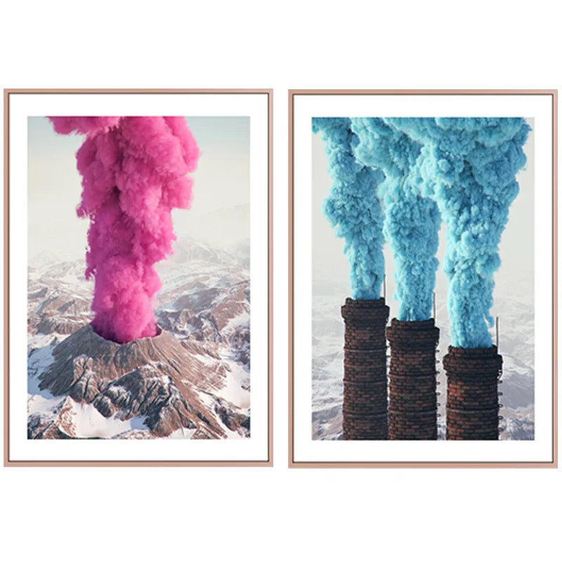 Vibrant Landscapes Wall Art Fine Art Canvas Prints - Volcanic Mountain with Pink Smoke & Industrial Chimneys with Blue Emissions Be Inspired By Stunning Contrasts in Nature and Industry