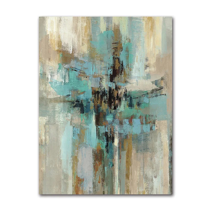 Abstract painting with teal, beige, and brown colors on a white background