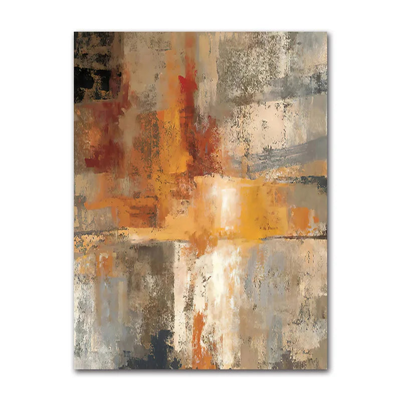 Abstract art painting with orange, gray, and beige colors on a white background