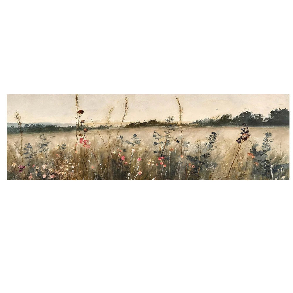 Panoramic view of a field with wildflowers and trees on a white background