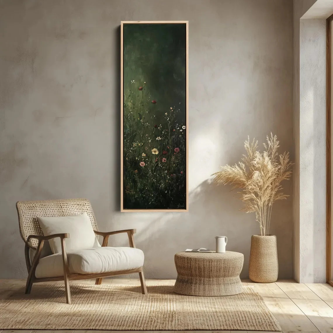 Modern interior with a chair, coffee table, and decorative vase against a wall with a framed artwork.