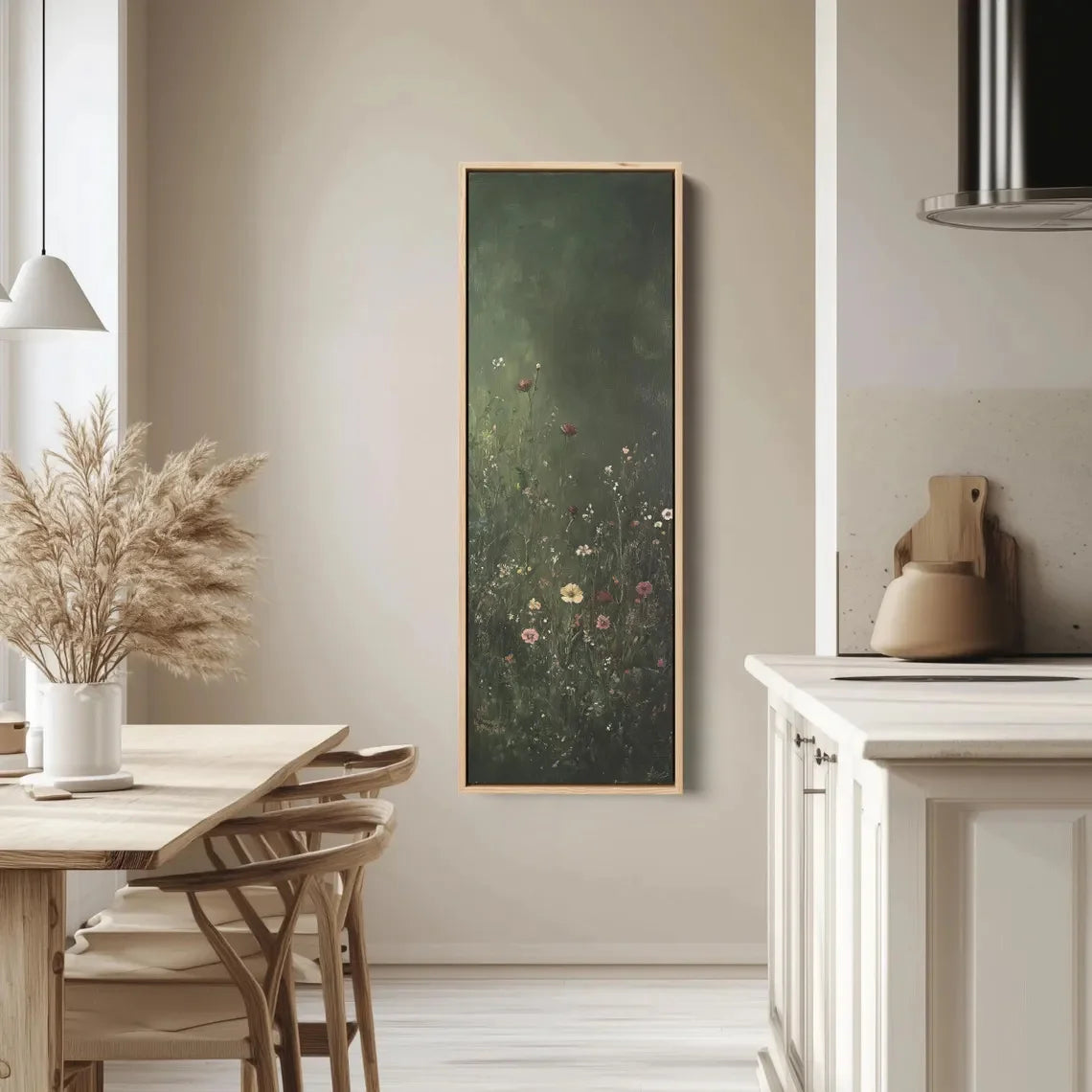 Dining room with a vertical floral painting on the wall, wooden table, and chairs.
