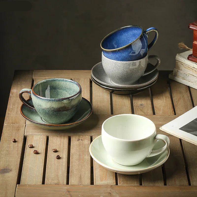 Vintage Handcrafted Ceramic Coffee/Tea Cup & Saucer – Rustic Artisan Latte Mugs for Modern Café‑Style Kitchen Décor - Available in 6 Colors