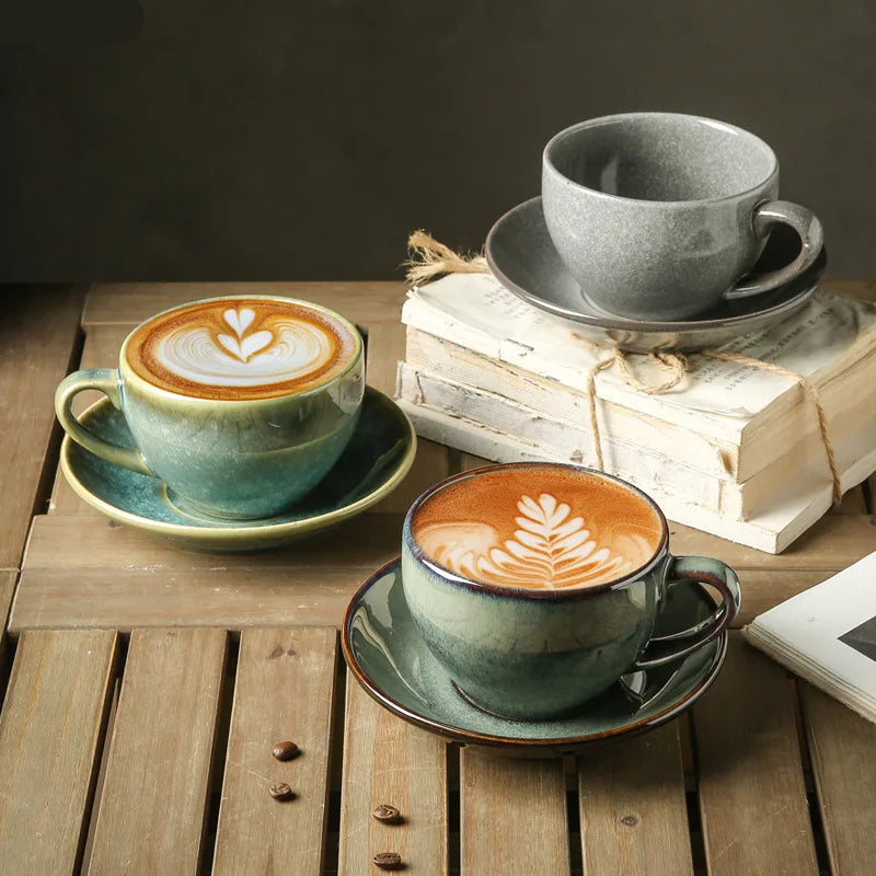 Vintage Handcrafted Ceramic Coffee/Tea Cup & Saucer – Rustic Artisan Latte Mugs for Modern Café‑Style Kitchen Décor - Available in 6 Colors