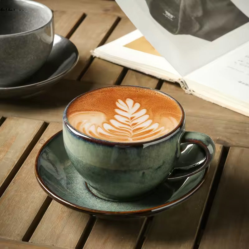 Vintage Handcrafted Ceramic Coffee/Tea Cup & Saucer – Rustic Artisan Latte Mugs for Modern Café‑Style Kitchen Décor