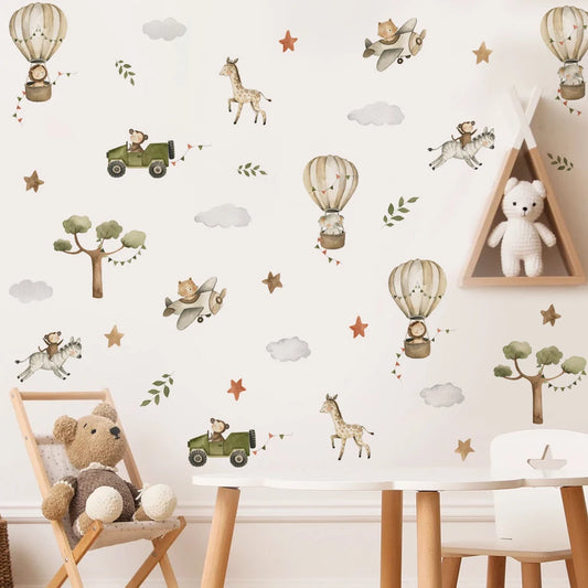Vintage Hot Air Balloon Safari Wall Stickers For Kid's Room Removable Peel & Stick PVC Wall Decals For Creative DIY Children's Nursery Decor