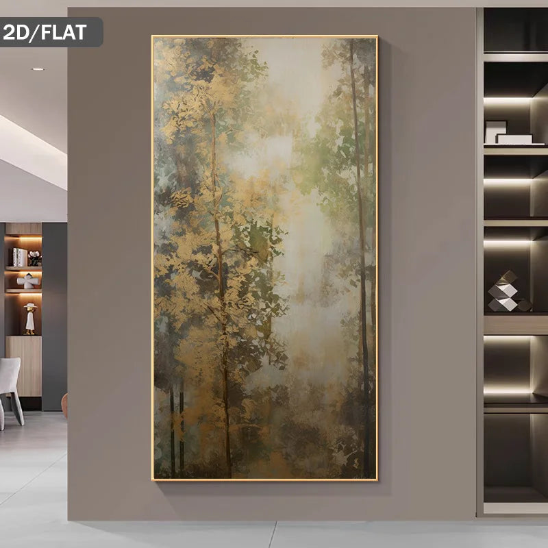 A vertical wall art print depicting a misty forest with golden and olive-green trees, displayed on a taupe wall in a modern interior setting.