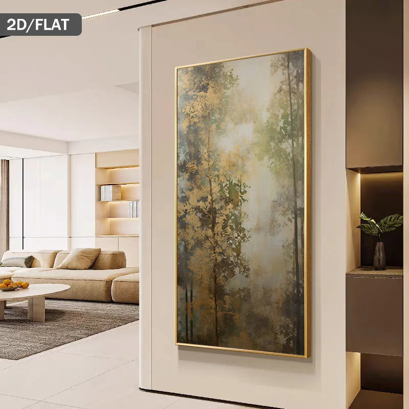A vertical wall art print depicting a misty forest with tall trees in soft beige, gold, green, and gray tones, displayed in a modern interior hallway next to a living room.