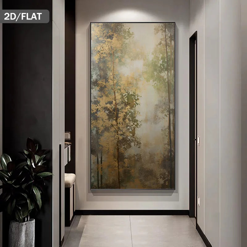 A tall vertical wall art piece showing an abstract misty forest with golden-yellow and green trees, displayed in a modern hallway.