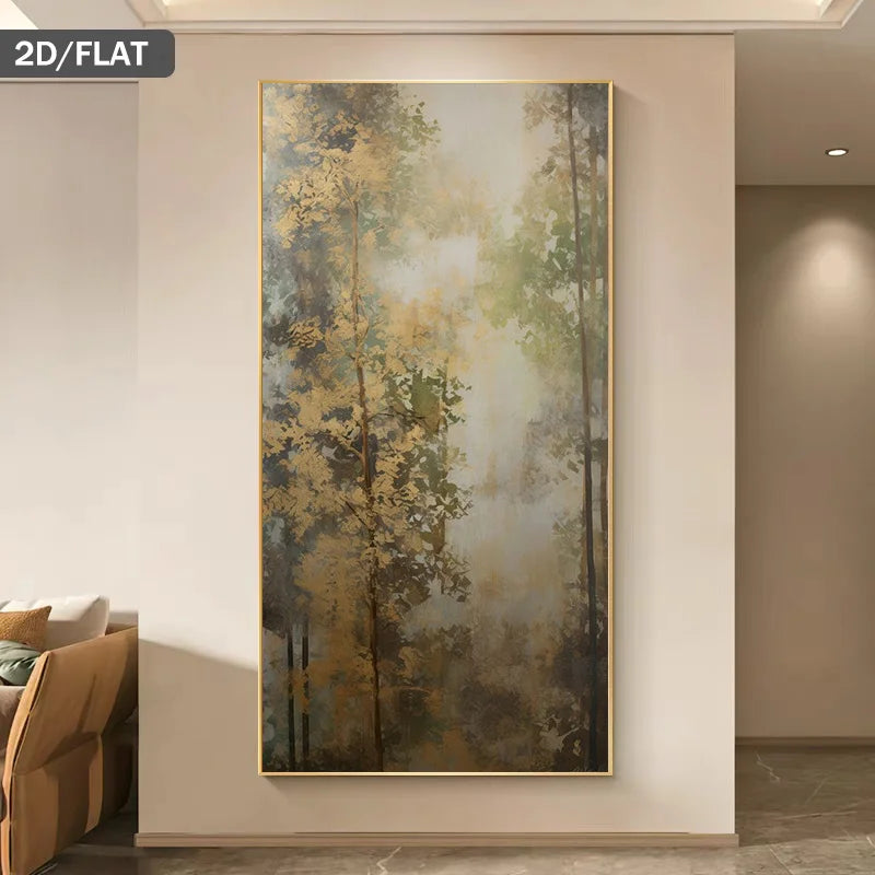 A framed vertical wall art print showing an abstract misty forest with tall trees in muted gold, green, gray, and brown tones, displayed on a beige wall in a modern interior. 