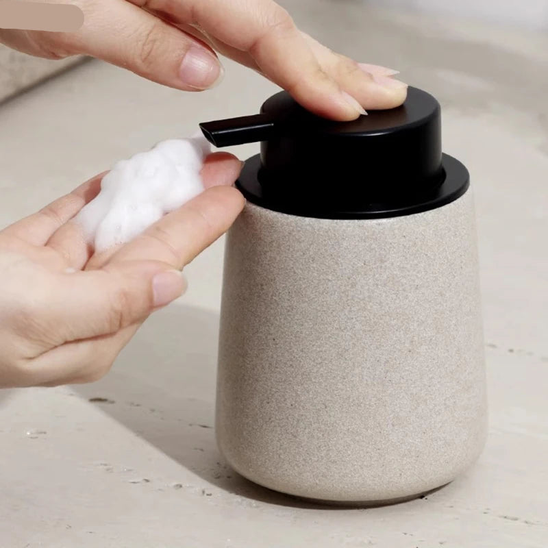 Vintage Sandstone‑Style Matte Soap Dispenser – Minimalist Beige Stone‑Texture Pump Bottle for Modern Bathroom and Kitchen Counter
