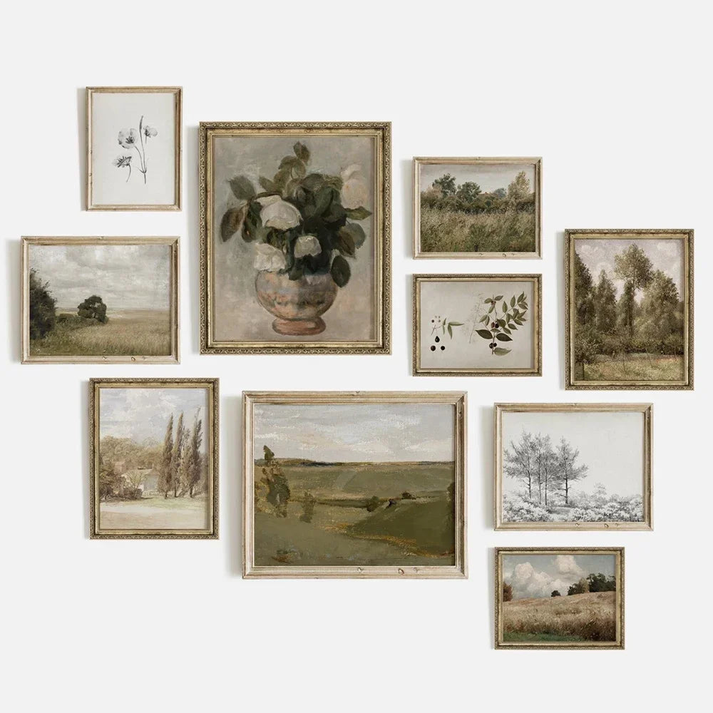 Vintage Summer Farmhouse Landscape Wall Art – Rustic Green Countryside Gallery Wall Prints for Modern Living Room, Scandinavian Home Décor