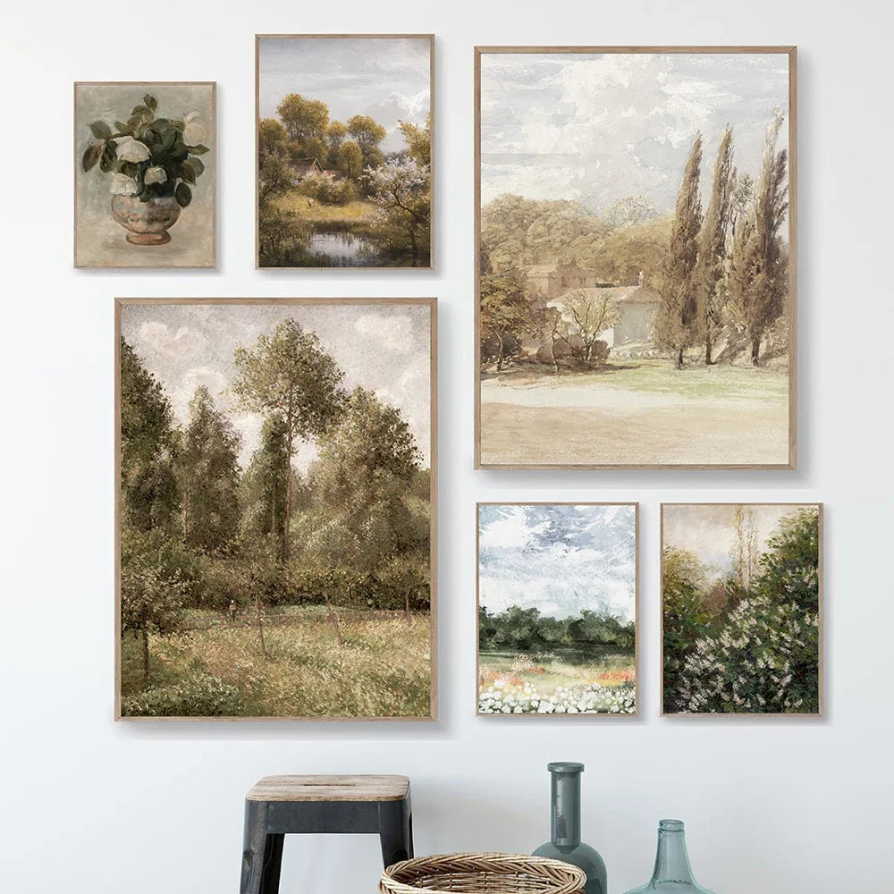 Vintage Summer Nature Landscape Wall Art – Rustic Farmhouse Greenery Gallery Wall Prints for Modern Living Room, Scandinavian Home Décor