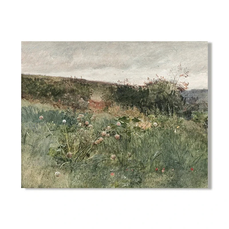 Vintage Wild Meadow Floral Landscape Wall Art - Scandinavian Style Gallery Canvas Prints For Contemporary Living Room & Bedroom Décor c