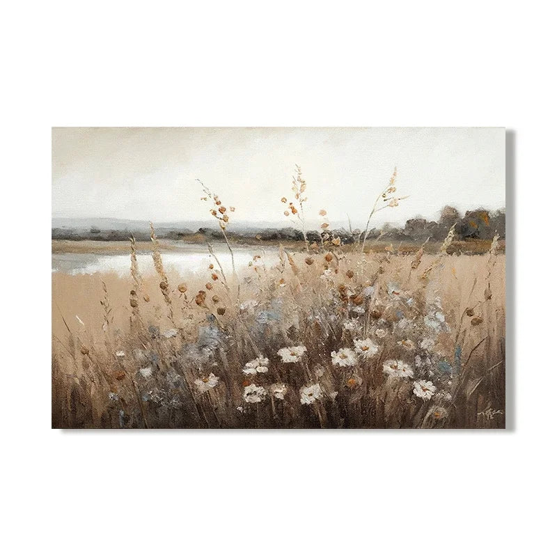 Vintage Wild Meadow Floral Landscape Wall Art - Scandinavian Style Gallery Canvas Prints For Contemporary Living Room & Bedroom Décor c