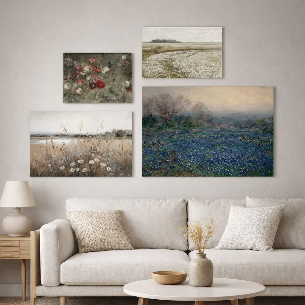 Vintage Wild Meadow Floral Landscape Wall Art - Scandinavian Style Gallery Canvas Prints For Contemporary Living Room &amp; Bedroom Décor