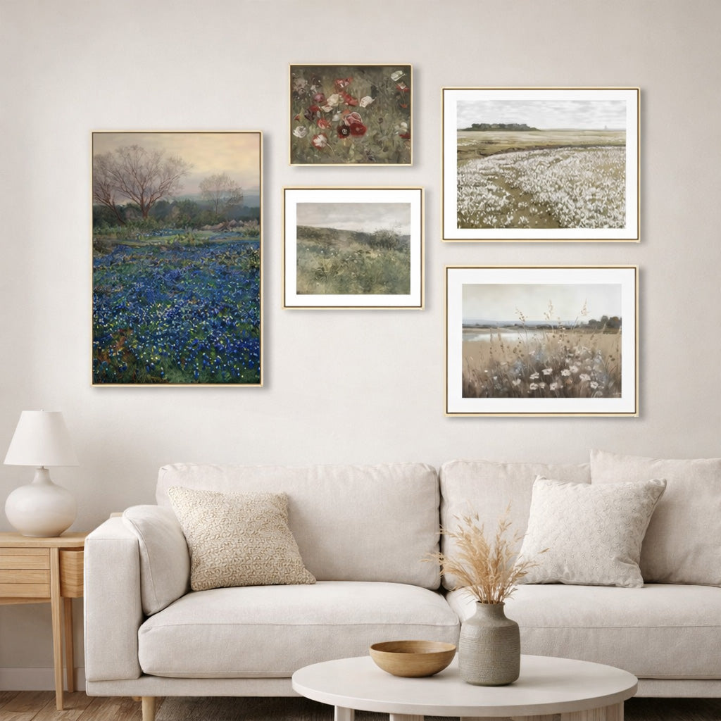 Vintage Wild Meadow Floral Landscape Wall Art - Scandinavian Style Gallery Canvas Prints For Contemporary Living Room &amp; Bedroom Décor