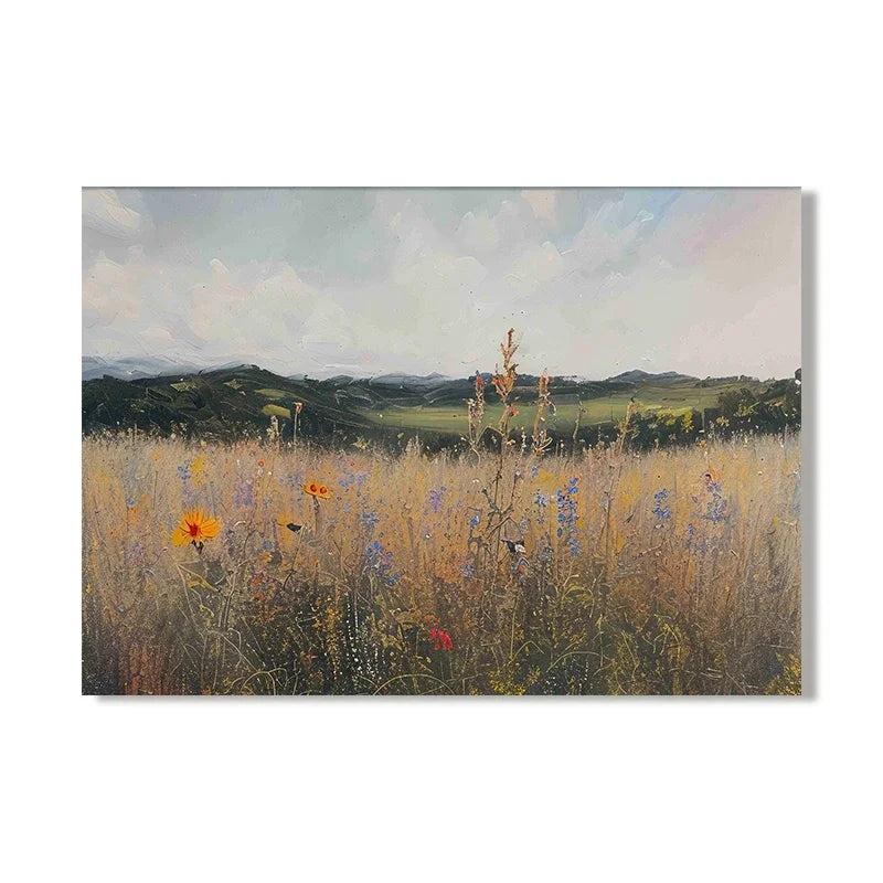 Vintage Wild Meadow Floral Landscape Wall Art - Scandinavian Style Gallery Canvas Prints For Contemporary Living Room &amp; Bedroom Décor