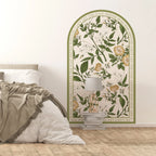Decorative wall mural with floral design and text in a bedroom setting.
