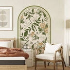 Decorative wall art with floral design and text in a bedroom setting.