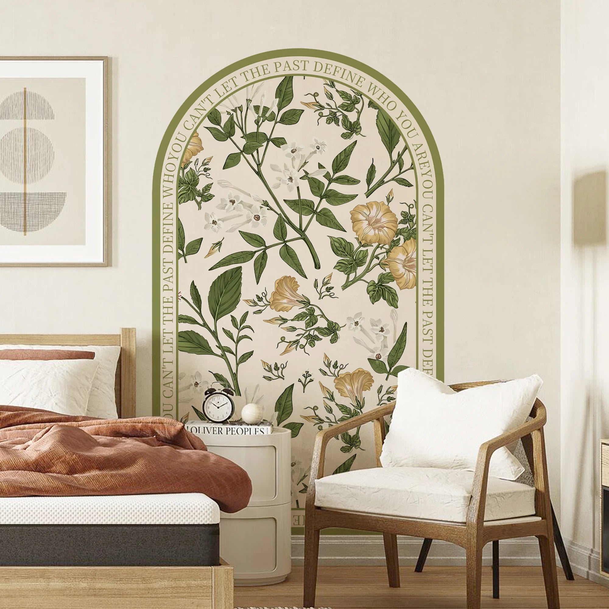 Decorative wall art with floral design and text in a bedroom setting.