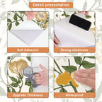 Product features with self-adhesive, strong stickiness, upgrade thickness, and waterproof properties on a floral background.
